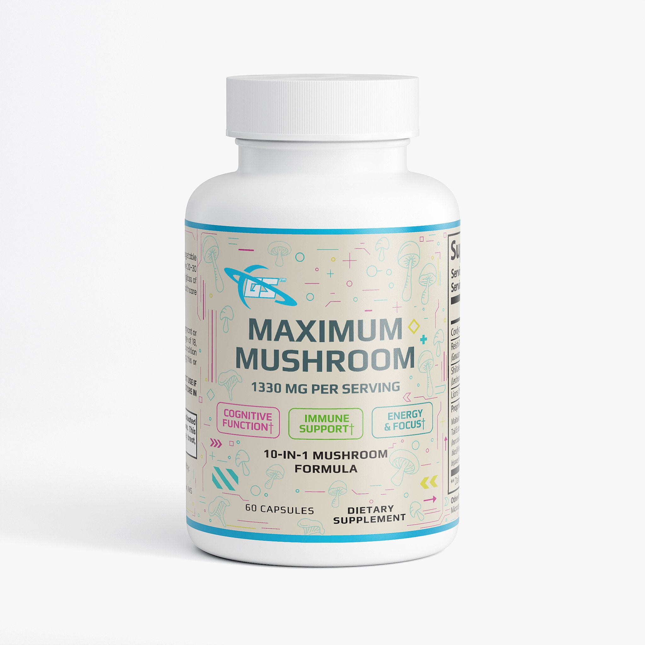 Maximum Mushroom - 10x Mushroom Blend (60 Capsules) Lion’s Mane, Reishi, Cordyceps, Chaga, Maitake, Shiitake, Turkey Tail, White Button, Black Fungus, & Royal Sun