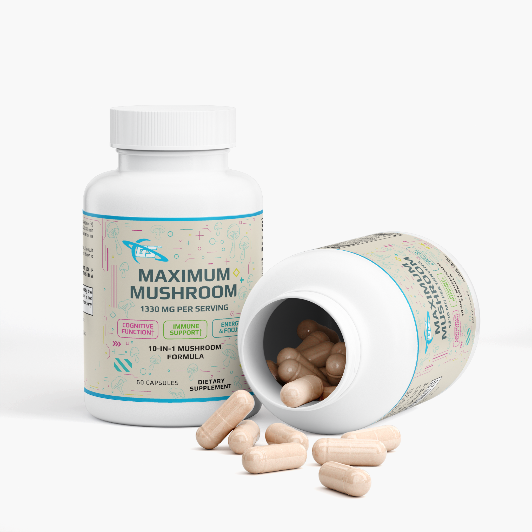 Maximum Mushroom - 10x Mushroom Blend (60 Capsules) Lion’s Mane, Reishi, Cordyceps, Chaga, Maitake, Shiitake, Turkey Tail, White Button, Black Fungus, & Royal Sun
