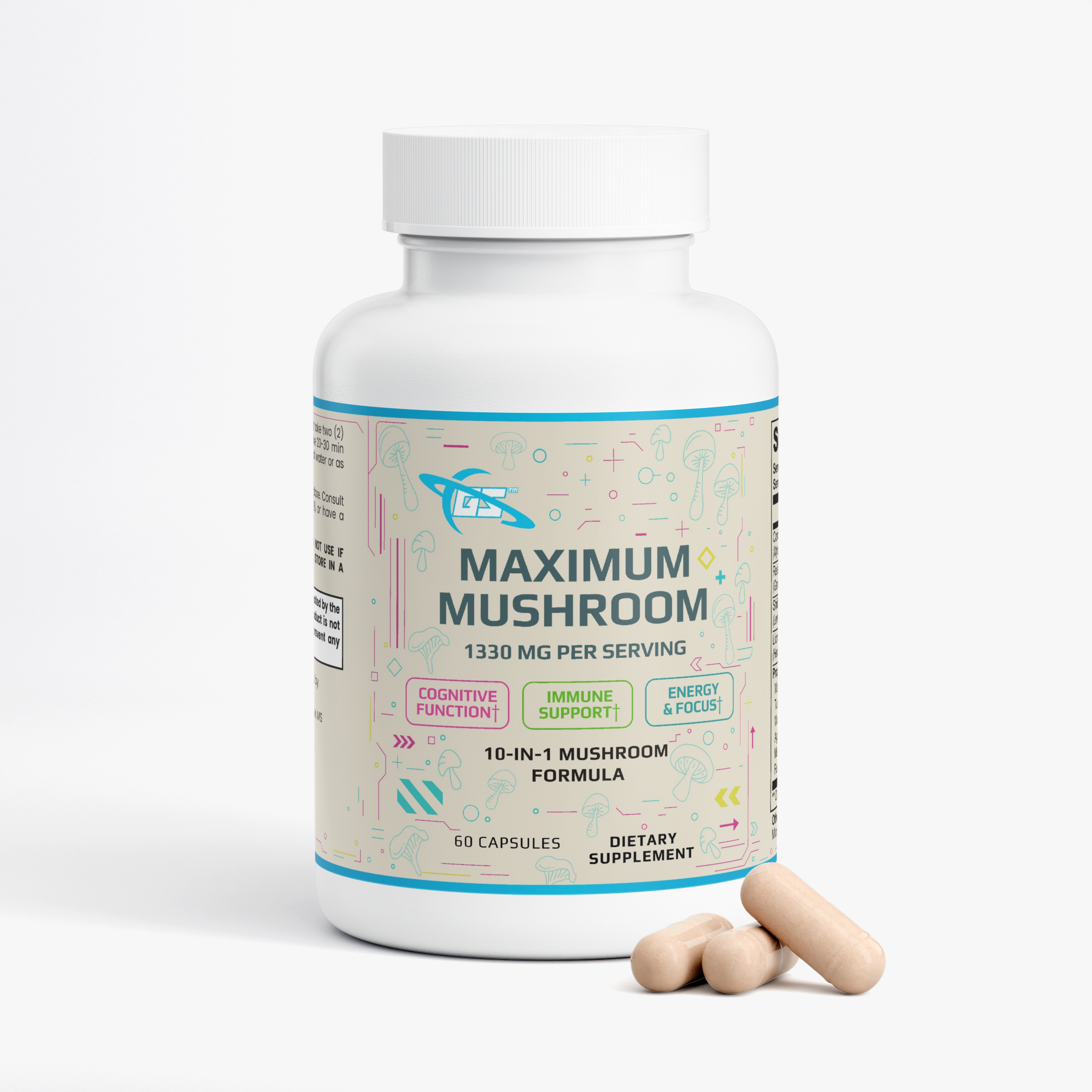 Maximum Mushroom - 10x Mushroom Blend (60 Capsules) Lion’s Mane, Reishi, Cordyceps, Chaga, Maitake, Shiitake, Turkey Tail, White Button, Black Fungus, & Royal Sun
