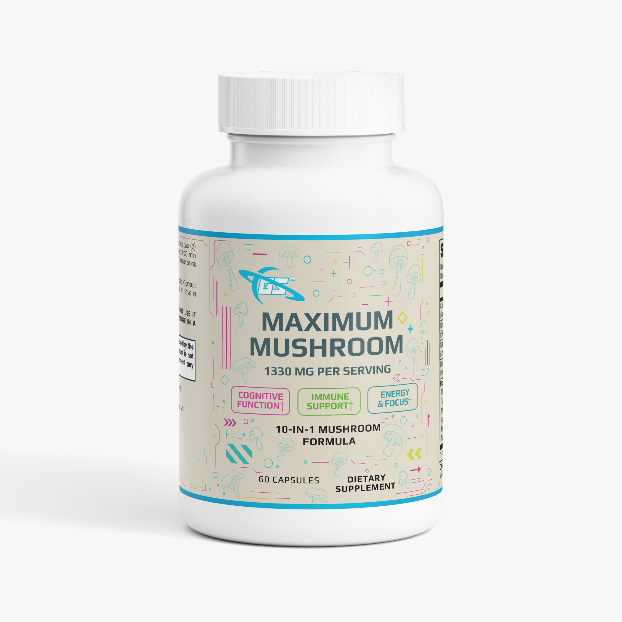 Maximum Mushroom - 10x Mushroom Blend (60 Capsules) Lion’s Mane, Reishi, Cordyceps, Chaga, Maitake, Shiitake, Turkey Tail, White Button, Black Fungus, & Royal Sun