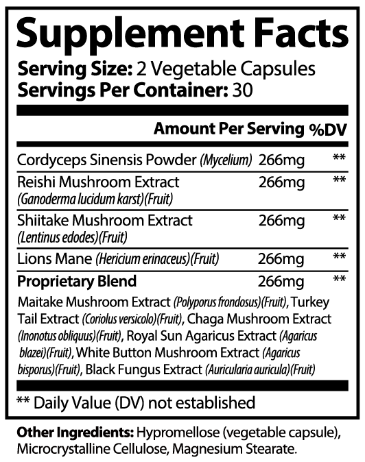 Maximum Mushroom - 10x Mushroom Blend (60 Capsules) Lion’s Mane, Reishi, Cordyceps, Chaga, Maitake, Shiitake, Turkey Tail, White Button, Black Fungus, & Royal Sun