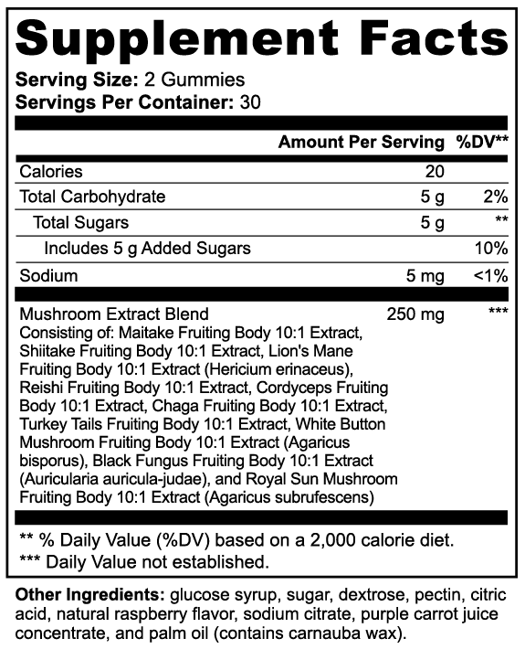 10x Mushroom Blend Gummies, Raspberry Flavored, 10:1 Extract of 10 Mushrooms